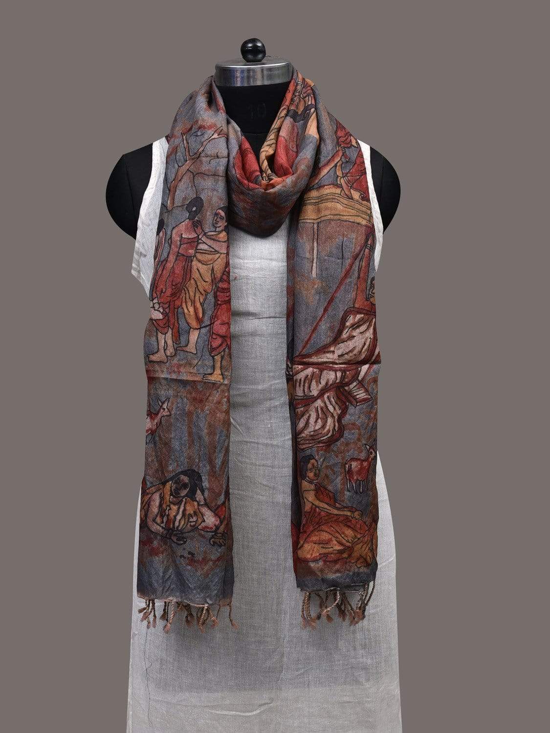 Grey Kalamkari Hand Painted Tussar Handloom Dupatta with Painting Design ds2429