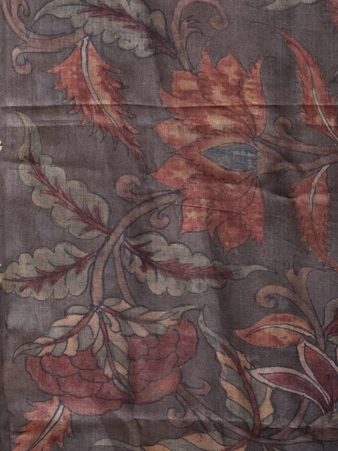 Grey Kalamkari Hand Painted Tussar Handloom Saree with Floral and Peacock Pallu Design KL0778