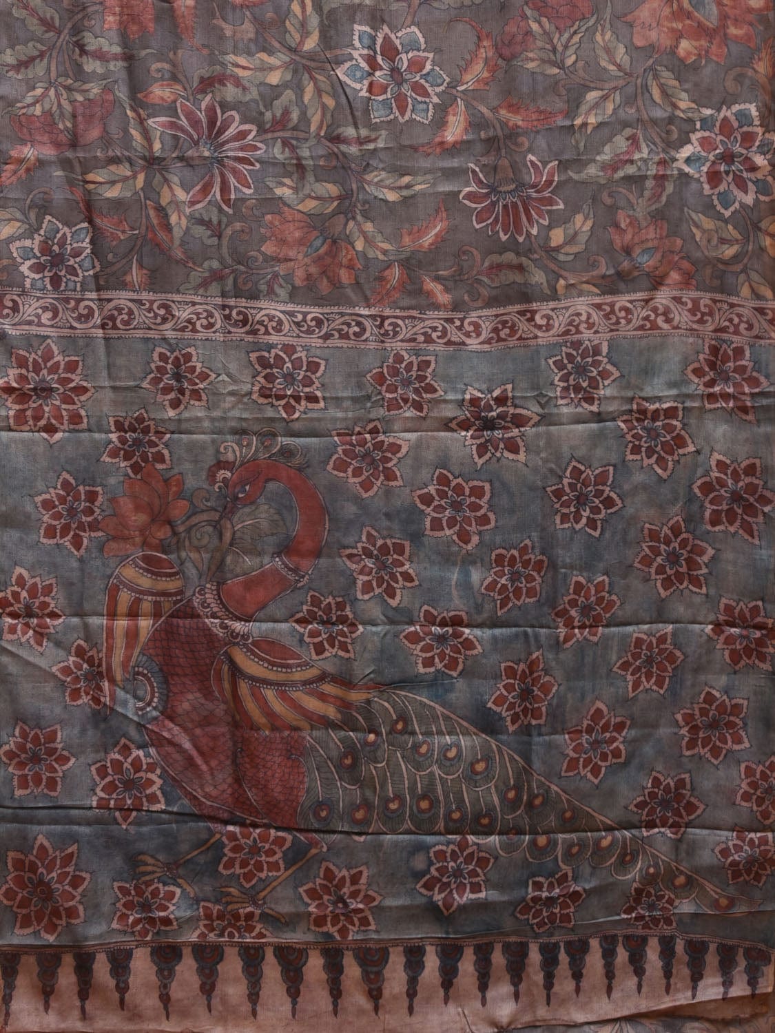 Grey Kalamkari Hand Painted Tussar Handloom Saree with Floral and Peacock Pallu Design KL0778