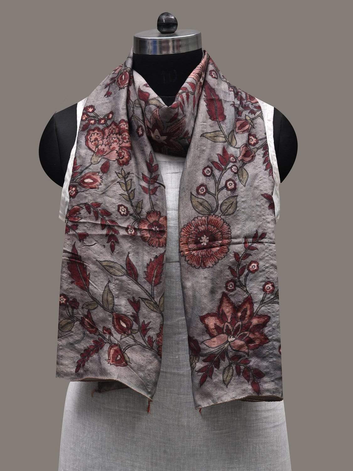 Grey Kalamkari Hand Painted Tussar Handloom Stole with Floral Design ds2457