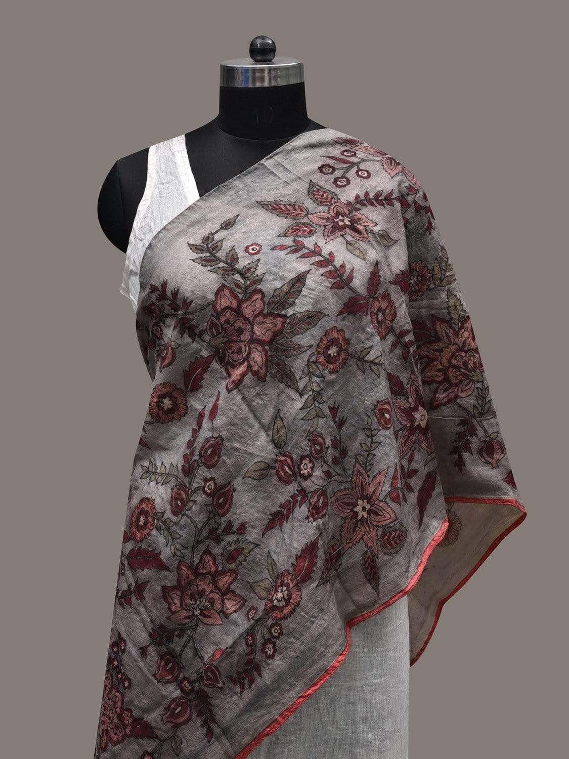 Grey Kalamkari Hand Painted Tussar Handloom Stole with Floral Design ds2457