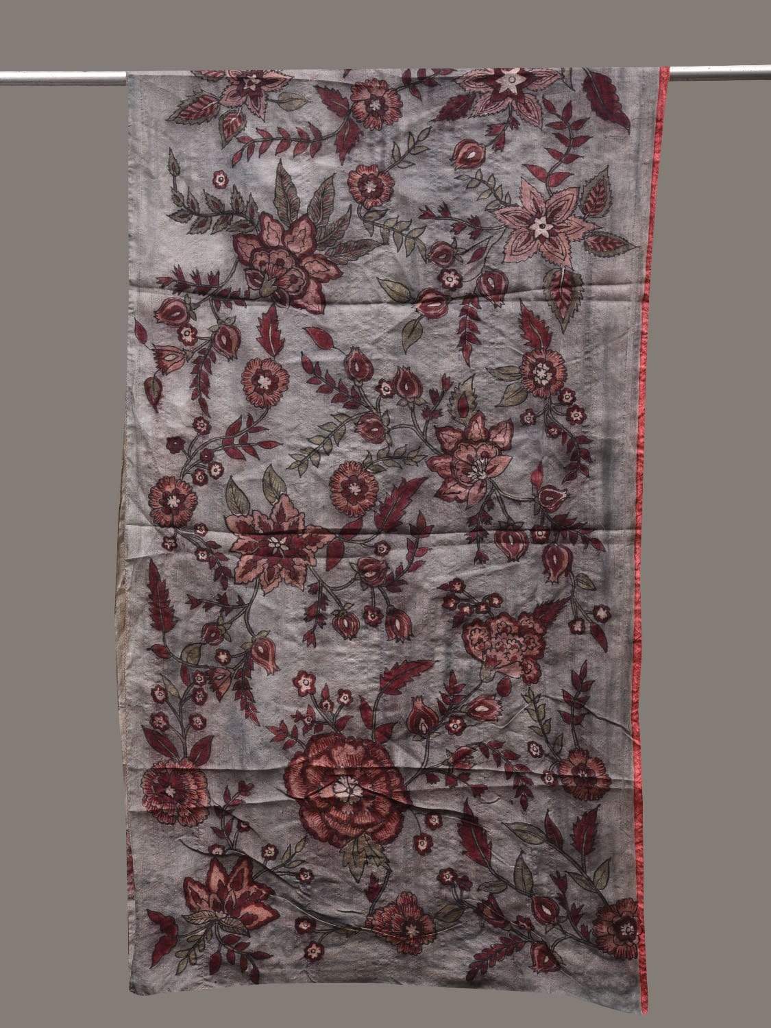 Grey Kalamkari Hand Painted Tussar Handloom Stole with Floral Design ds2457