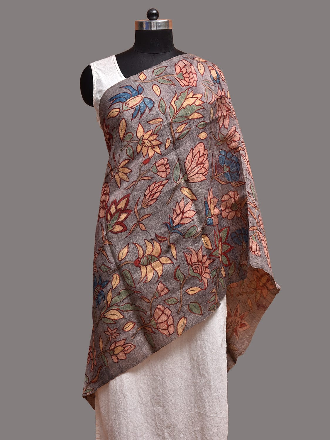 Grey Kalamkari Hand Painted Tussar Stole with Floral Design ds3752