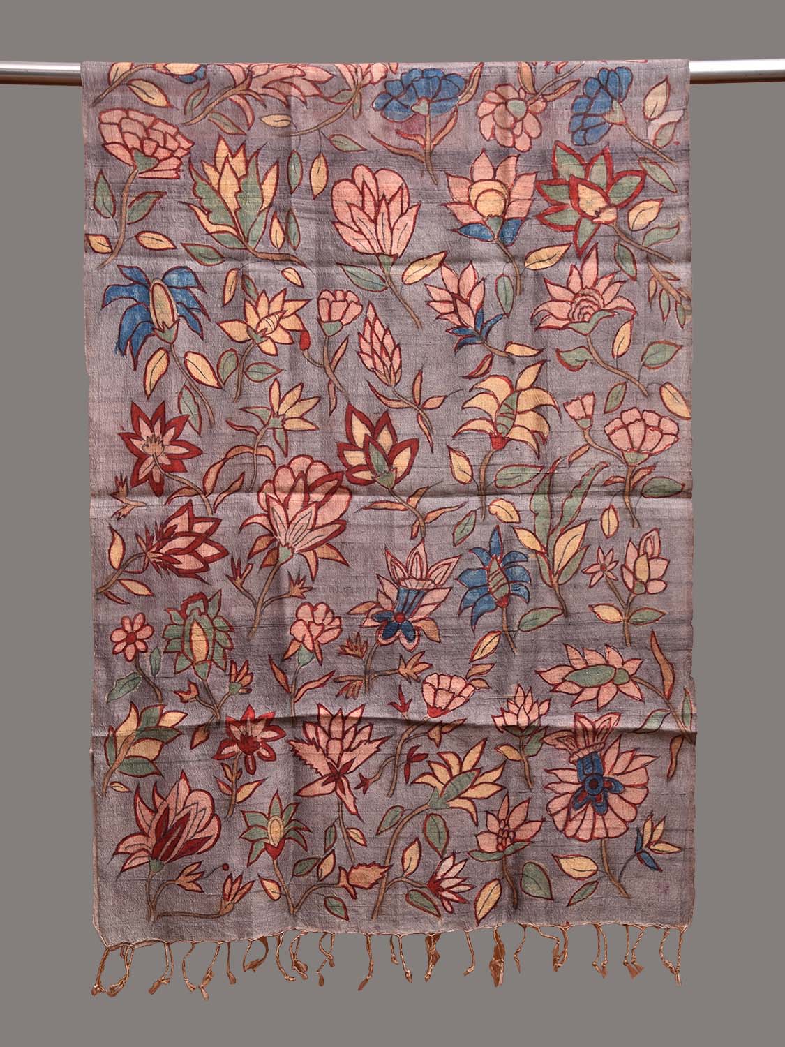 Grey Kalamkari Hand Painted Tussar Stole with Floral Design ds3752