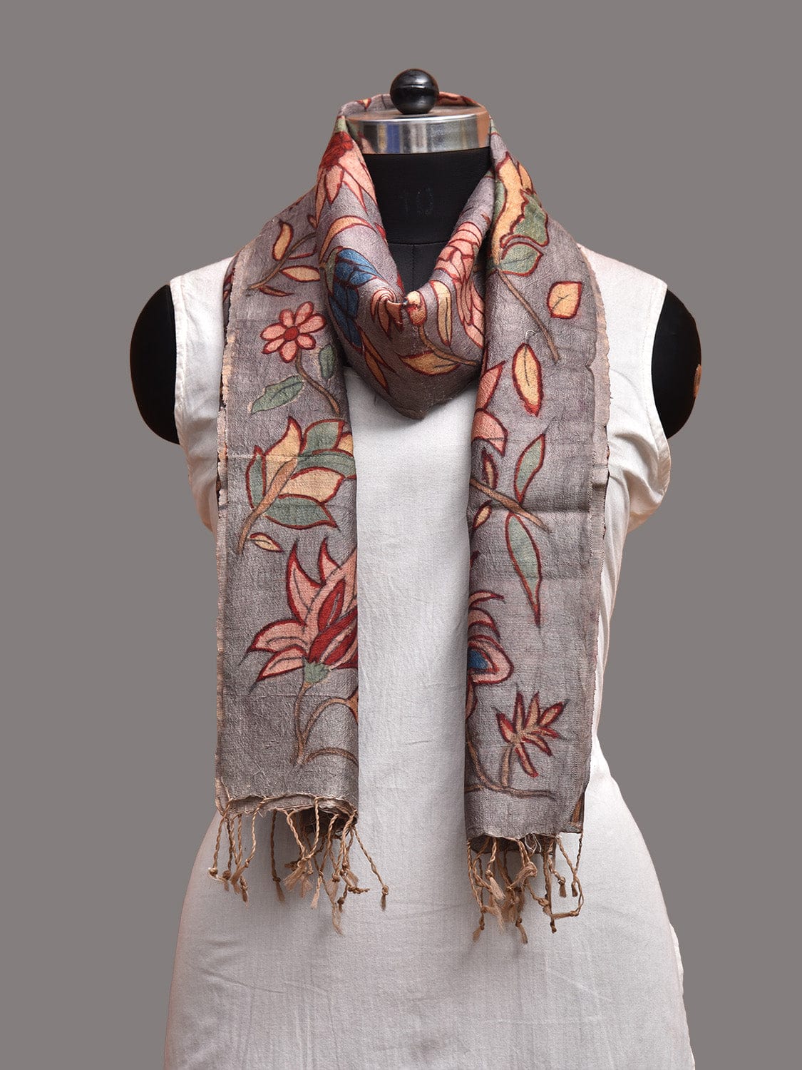 Grey Kalamkari Hand Painted Tussar Stole with Floral Design ds3752