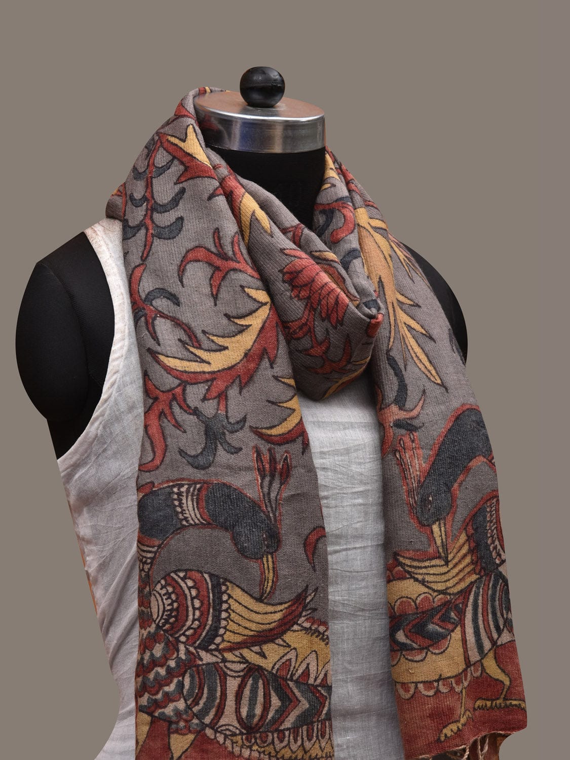 Grey Kalamkari Hand Painted Woolen Handloom Dupatta with Floral and Peacocks Design ds2793