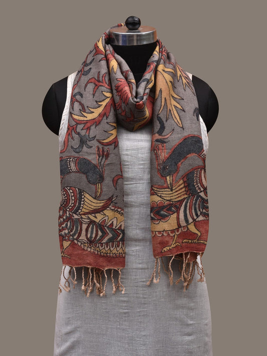 Grey Kalamkari Hand Painted Woolen Handloom Dupatta with Floral and Peacocks Design ds2793
