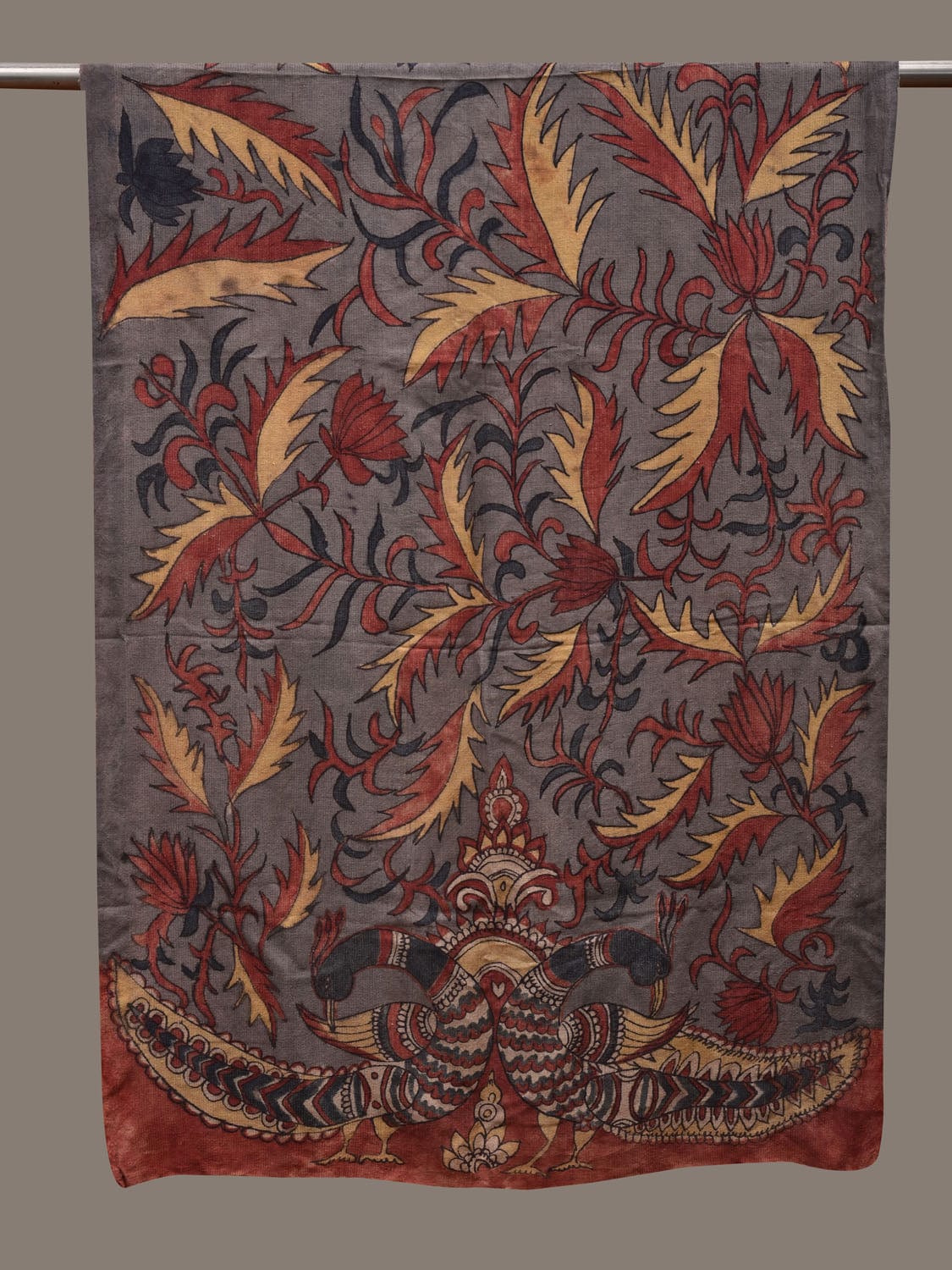 Grey Kalamkari Hand Painted Woolen Handloom Dupatta with Floral and Peacocks Design ds2793