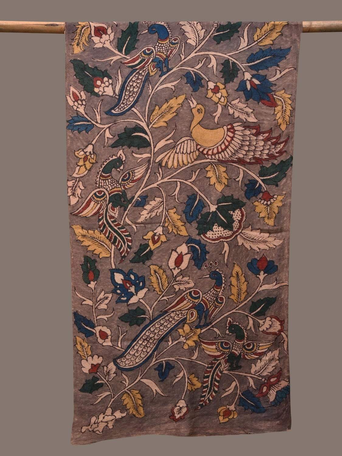 Grey Kalamkari Hand Painted Woolen Stole with Peacocks Design ds2349