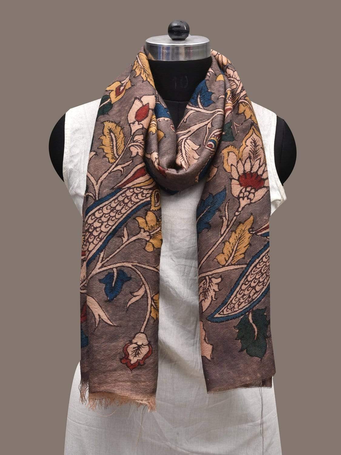 Grey Kalamkari Hand Painted Woolen Stole with Peacocks Design ds2349
