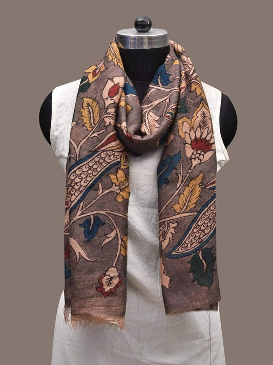 Grey Kalamkari Hand Painted Woolen Stole with Peacocks Design ds2349