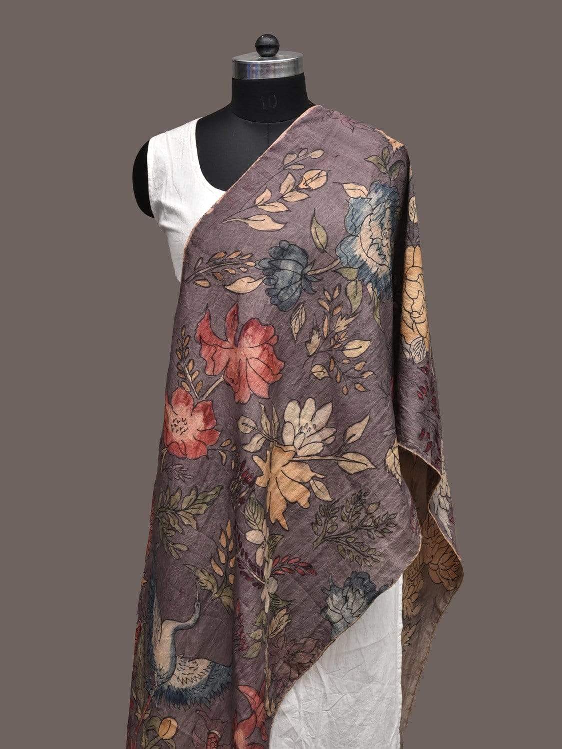 Grey Kalamkari Hand Printed Silk Handloom Stole with Floral and Birds Design ds2249