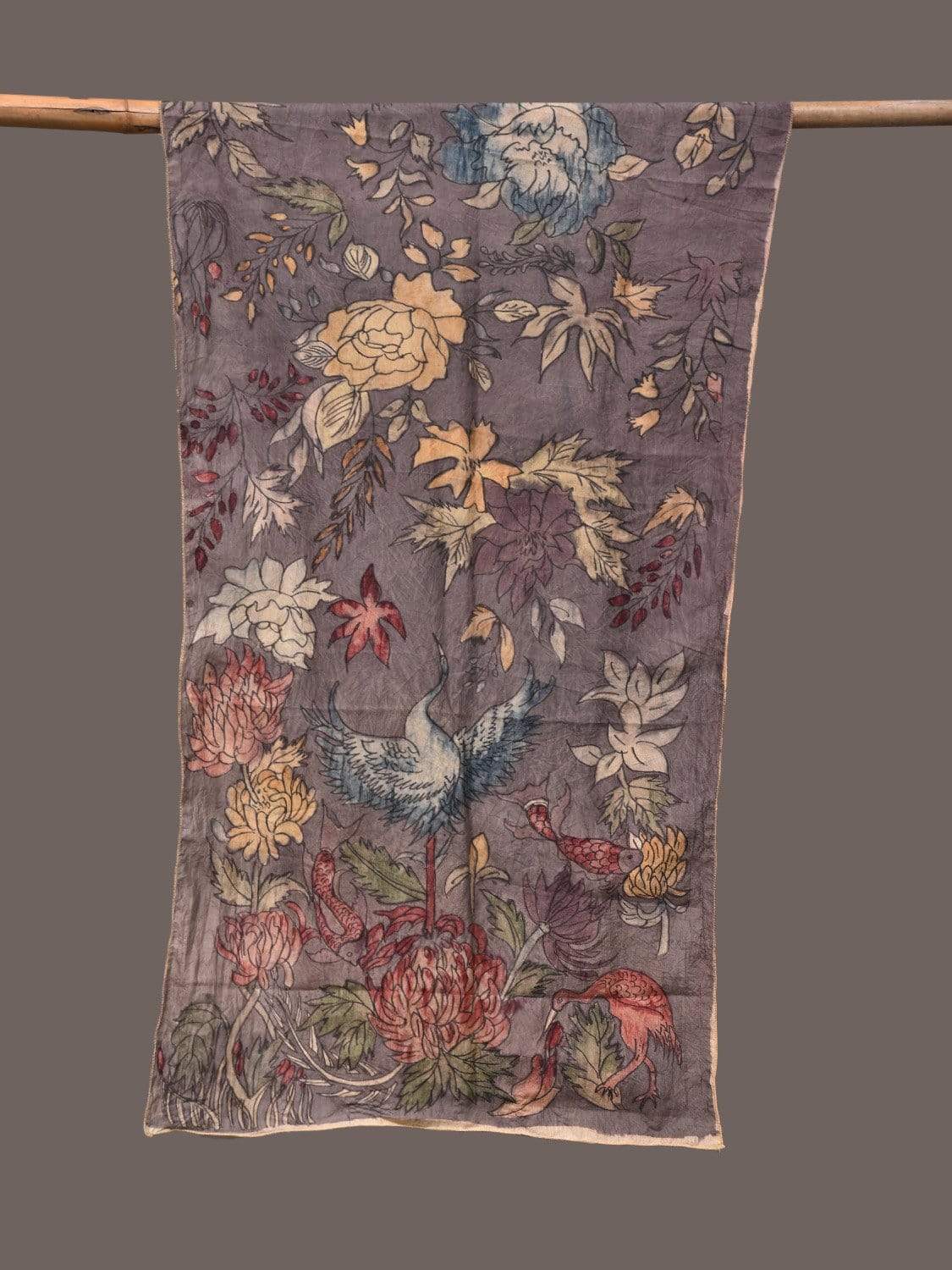 Grey Kalamkari Hand Printed Silk Handloom Stole with Floral and Birds Design ds2249