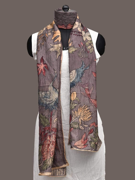 Grey Kalamkari Hand Printed Silk Handloom Stole with Floral and Birds Design ds2249