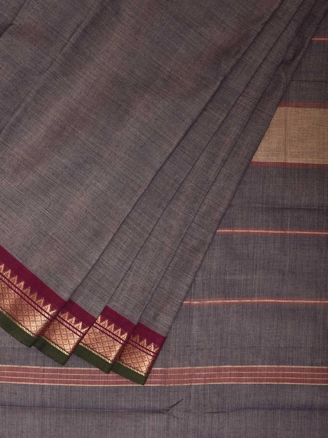 Grey Kanchipuram Cotton Plain Saree with Strips and Small Border Design k0859