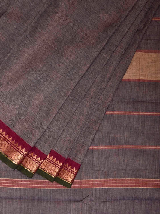 Grey Kanchipuram Cotton Plain Saree with Strips and Small Border Design k0859