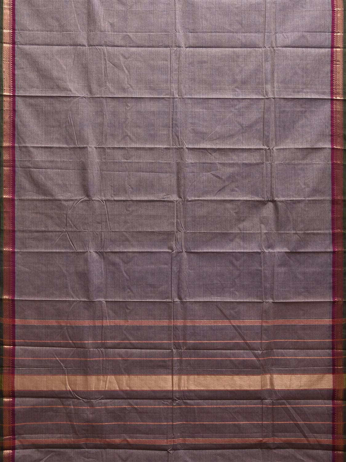 Grey Kanchipuram Cotton Plain Saree with Strips and Small Border Design k0859