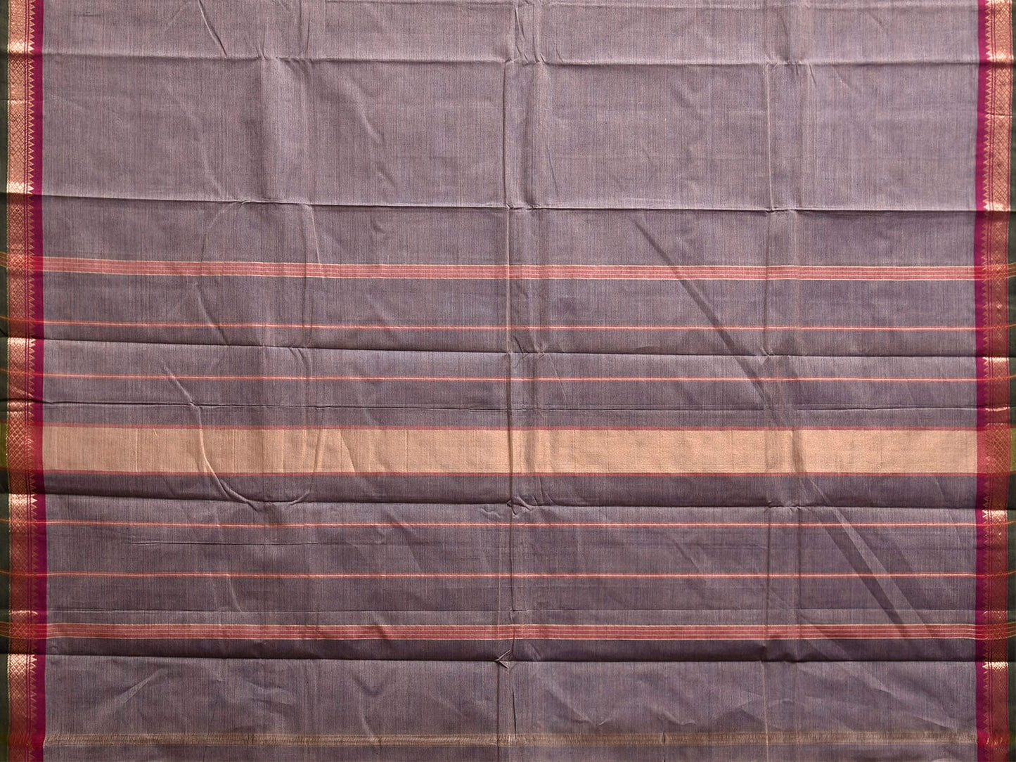 Grey Kanchipuram Cotton Plain Saree with Strips and Small Border Design k0859