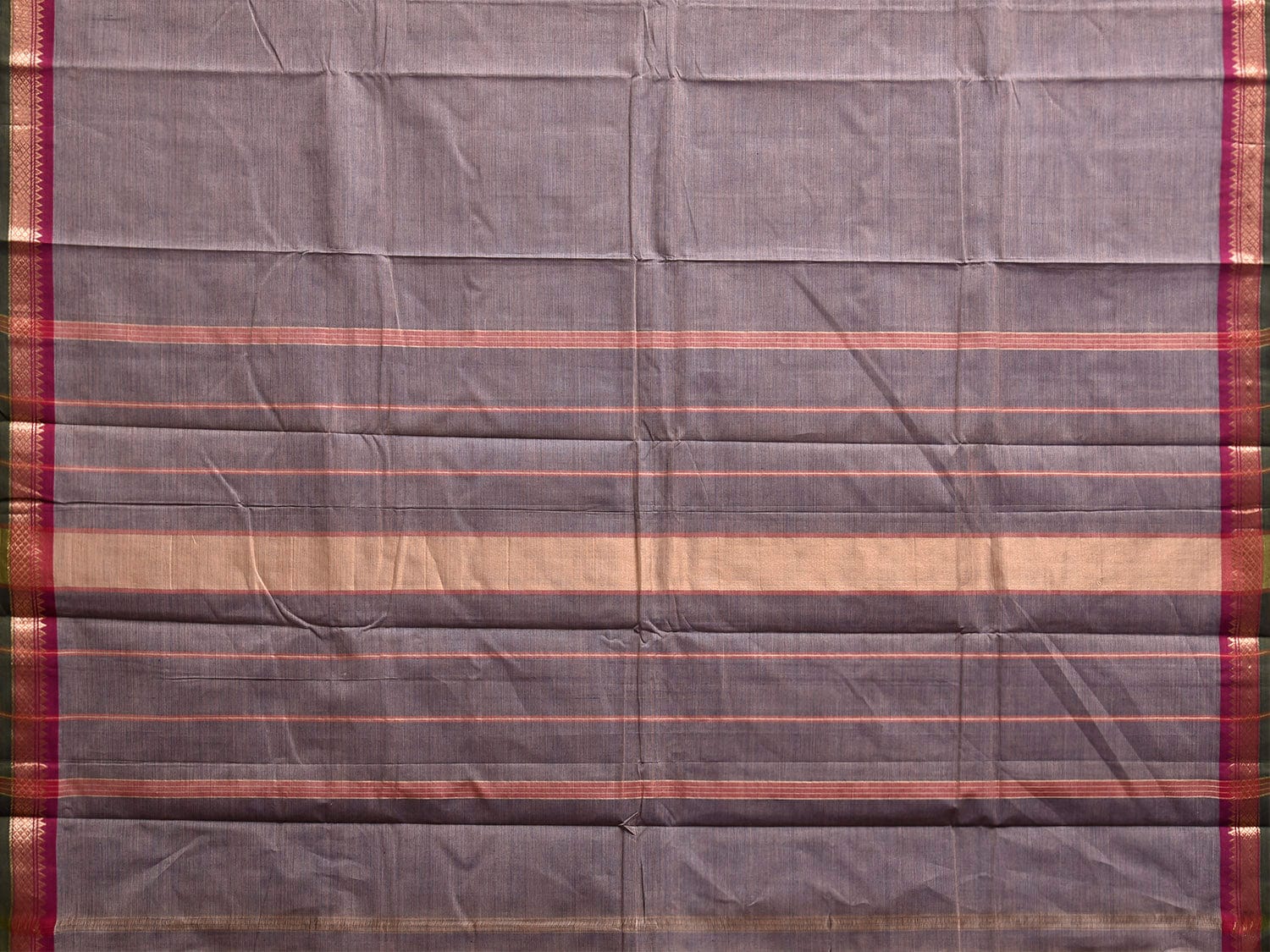 Grey Kanchipuram Cotton Plain Saree with Strips and Small Border Design k0859