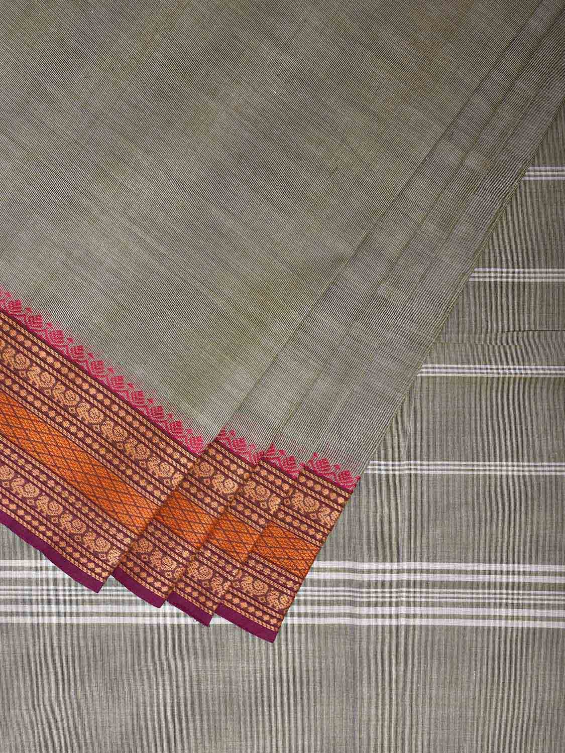 Grey Kanchipuram Cotton Plain Saree with Strips Pallu and Border Design Kalamkari Blouse k0829