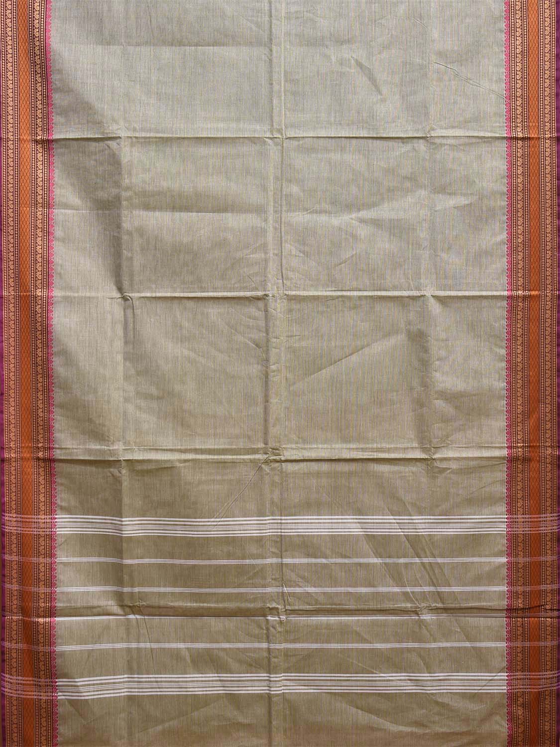 Grey Kanchipuram Cotton Plain Saree with Strips Pallu and Border Design Kalamkari Blouse k0829