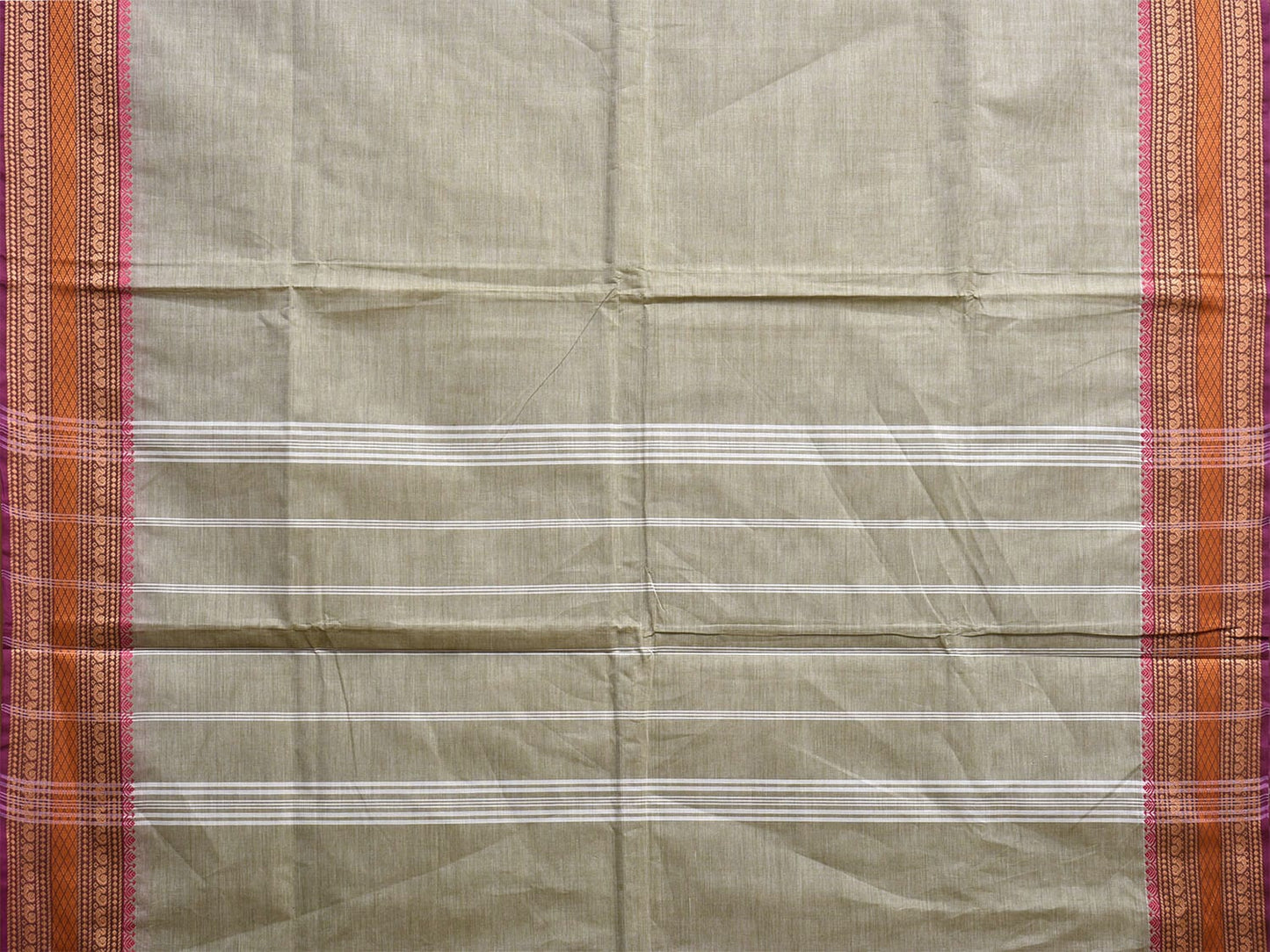 Grey Kanchipuram Cotton Plain Saree with Strips Pallu and Border Design Kalamkari Blouse k0829