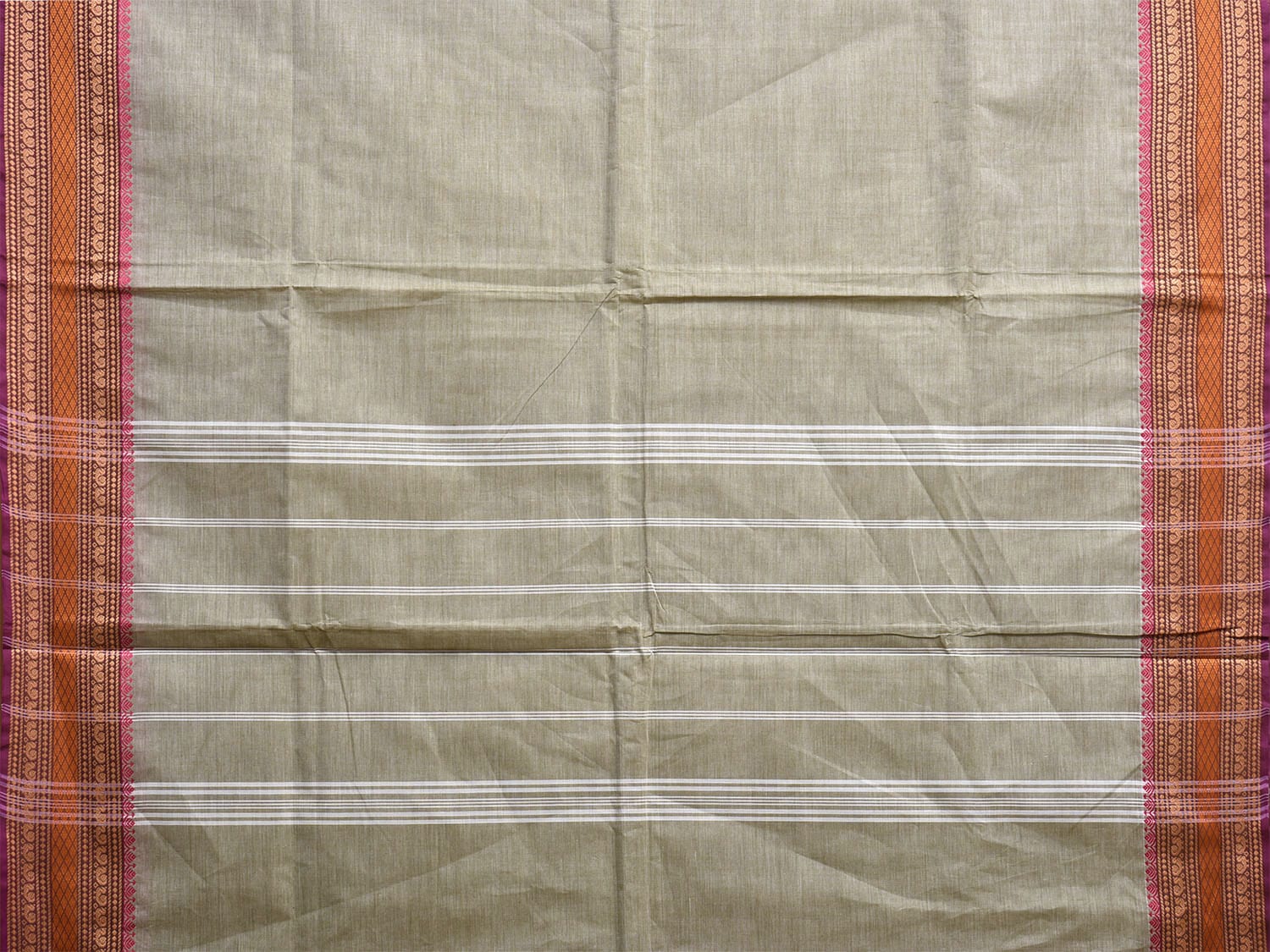 Grey Kanchipuram Cotton Plain Saree with Strips Pallu and Border Design Kalamkari Blouse k0829