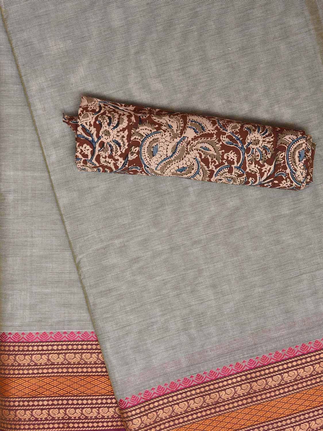 Grey Kanchipuram Cotton Plain Saree with Strips Pallu and Border Design Kalamkari Blouse k0829