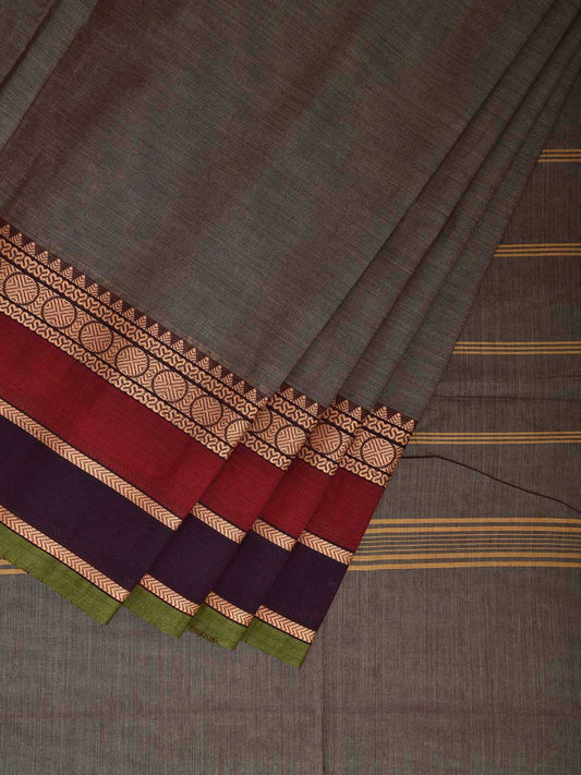 Grey Kanchipuram Cotton Plain Saree with Strips Pallu Design Kalamkari Blouse k0824