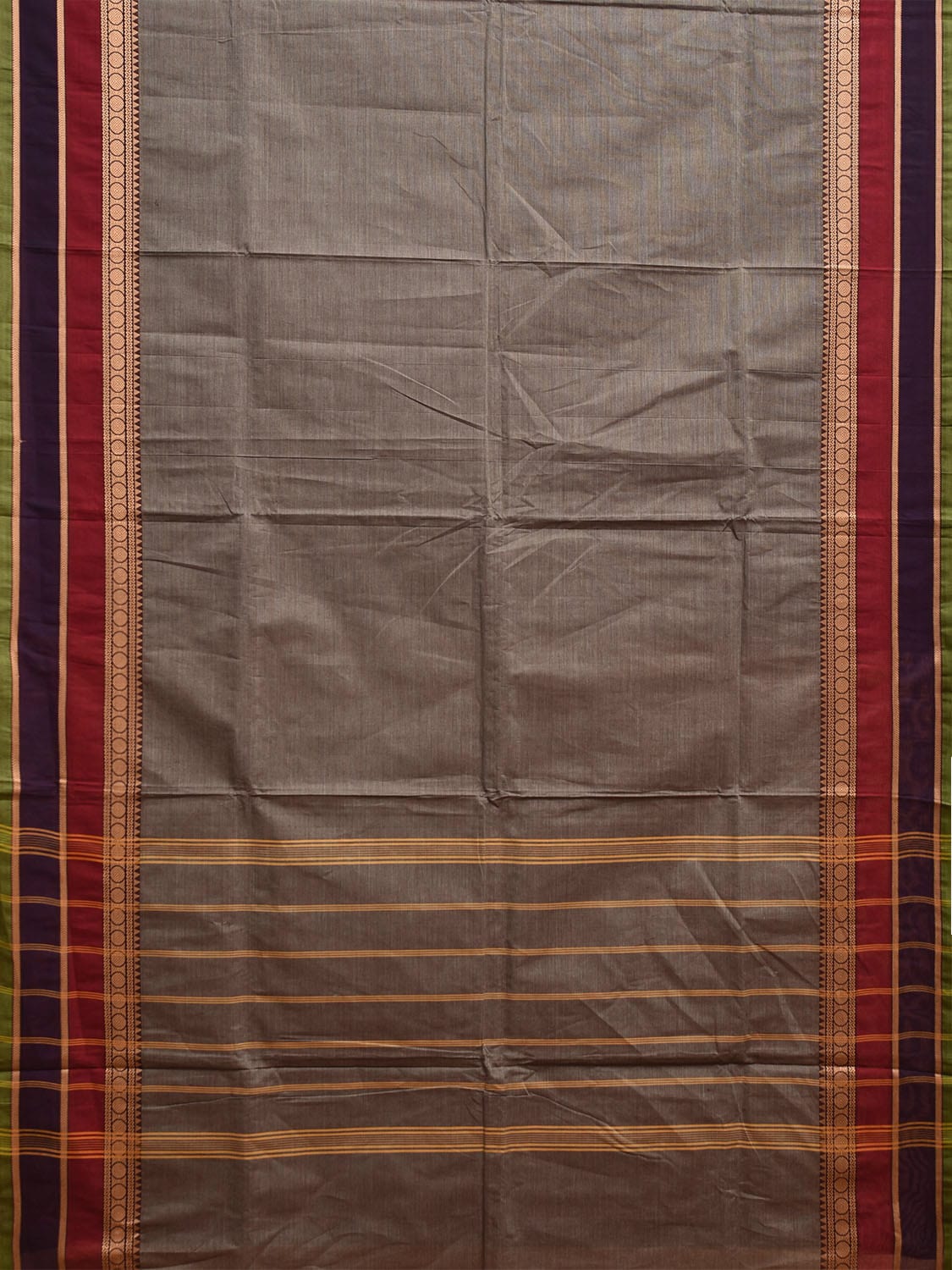 Grey Kanchipuram Cotton Plain Saree with Strips Pallu Design Kalamkari Blouse k0824