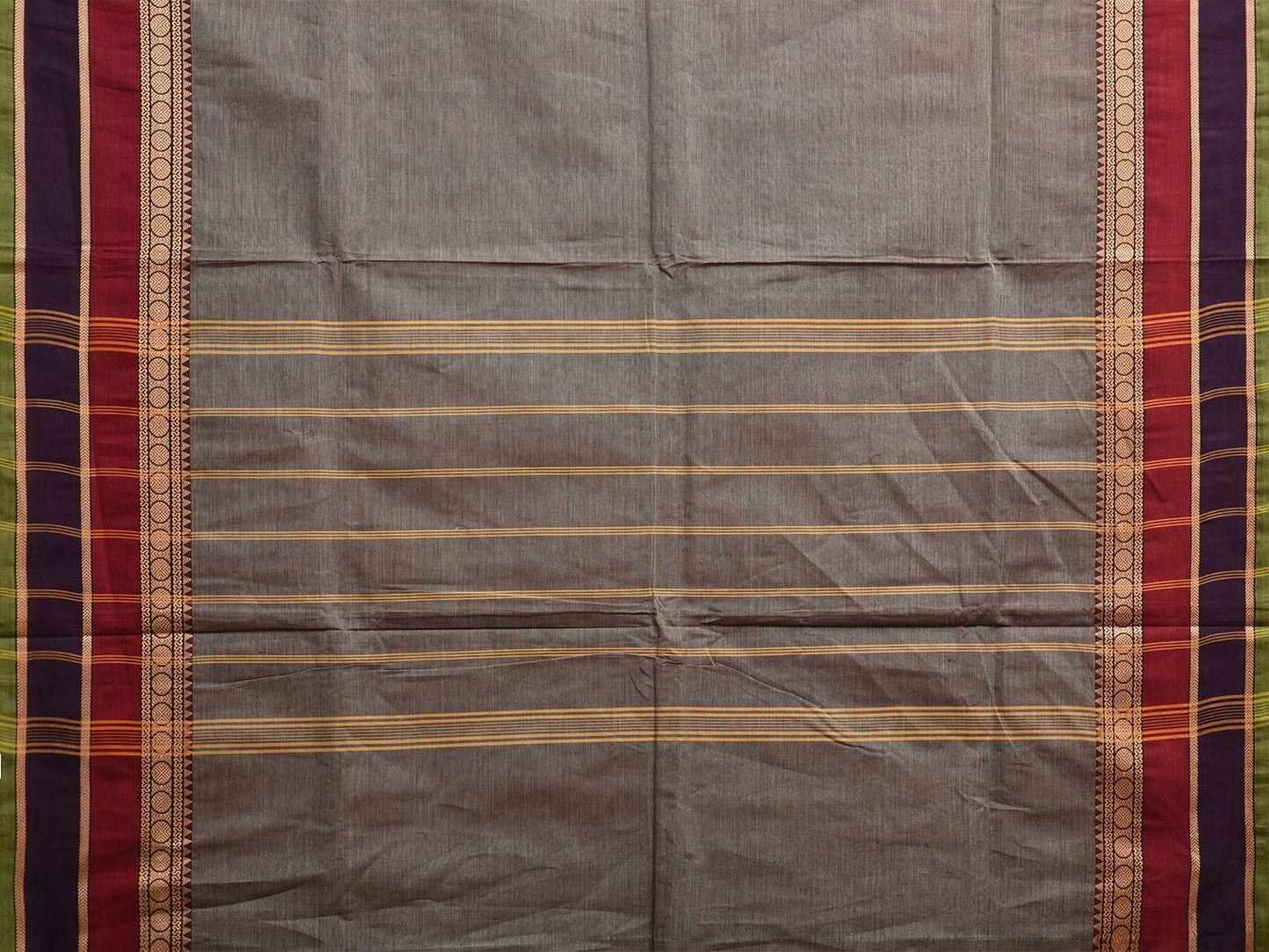 Grey Kanchipuram Cotton Plain Saree with Strips Pallu Design Kalamkari Blouse k0824
