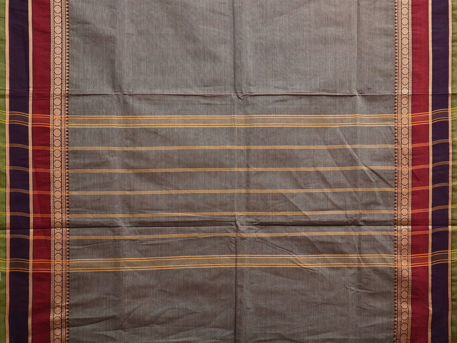 Grey Kanchipuram Cotton Plain Saree with Strips Pallu Design Kalamkari Blouse k0824