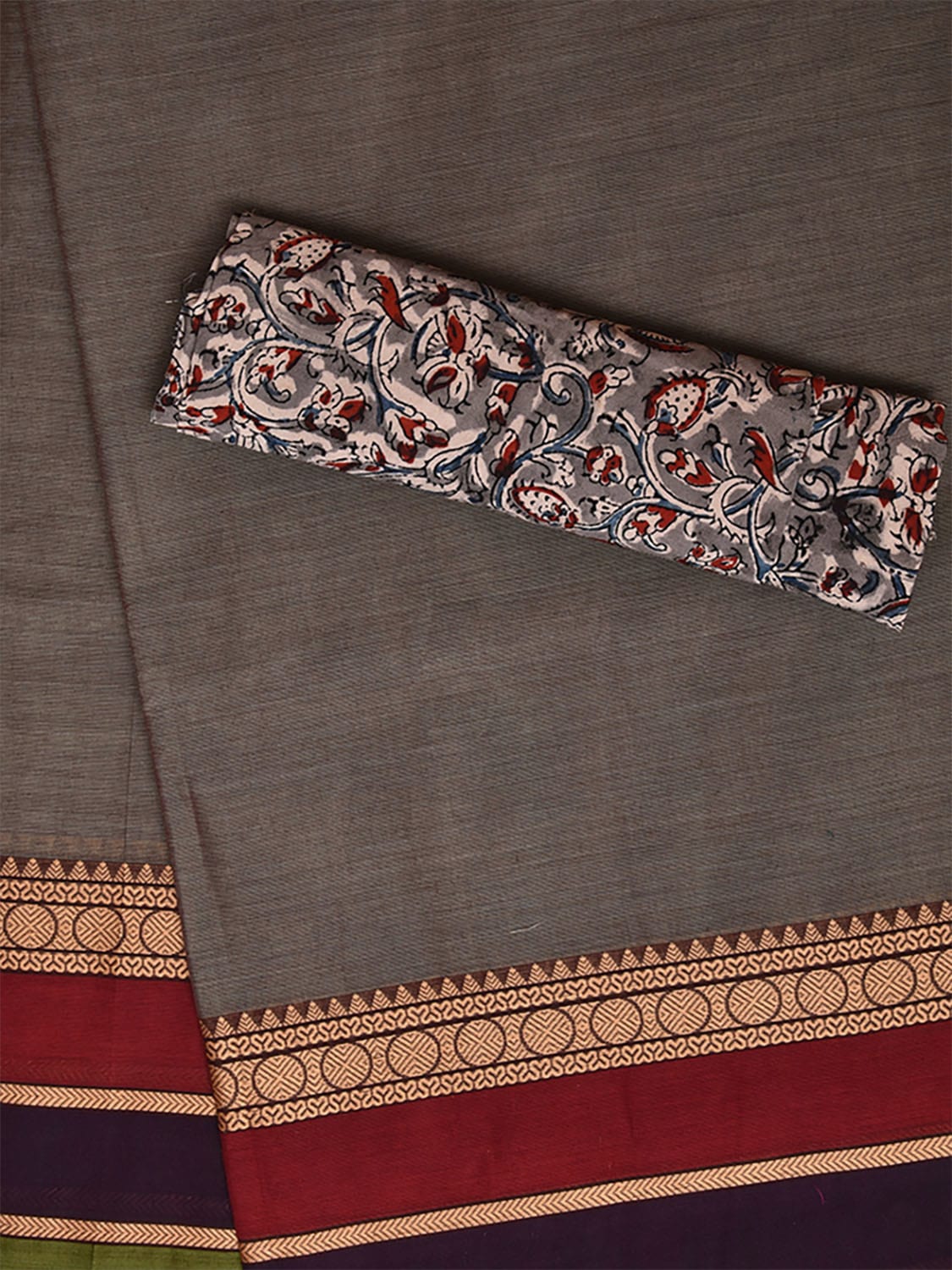 Grey Kanchipuram Cotton Plain Saree with Strips Pallu Design Kalamkari Blouse k0824