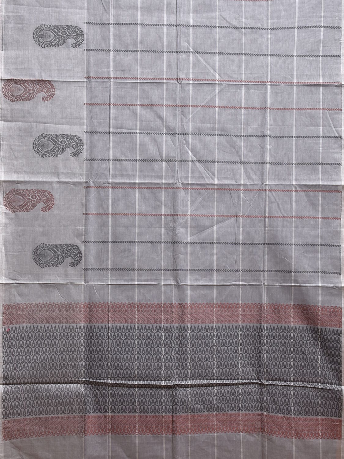 Grey Kanchipuram Cotton Saree with Big Checks and Mango Border Design k0839
