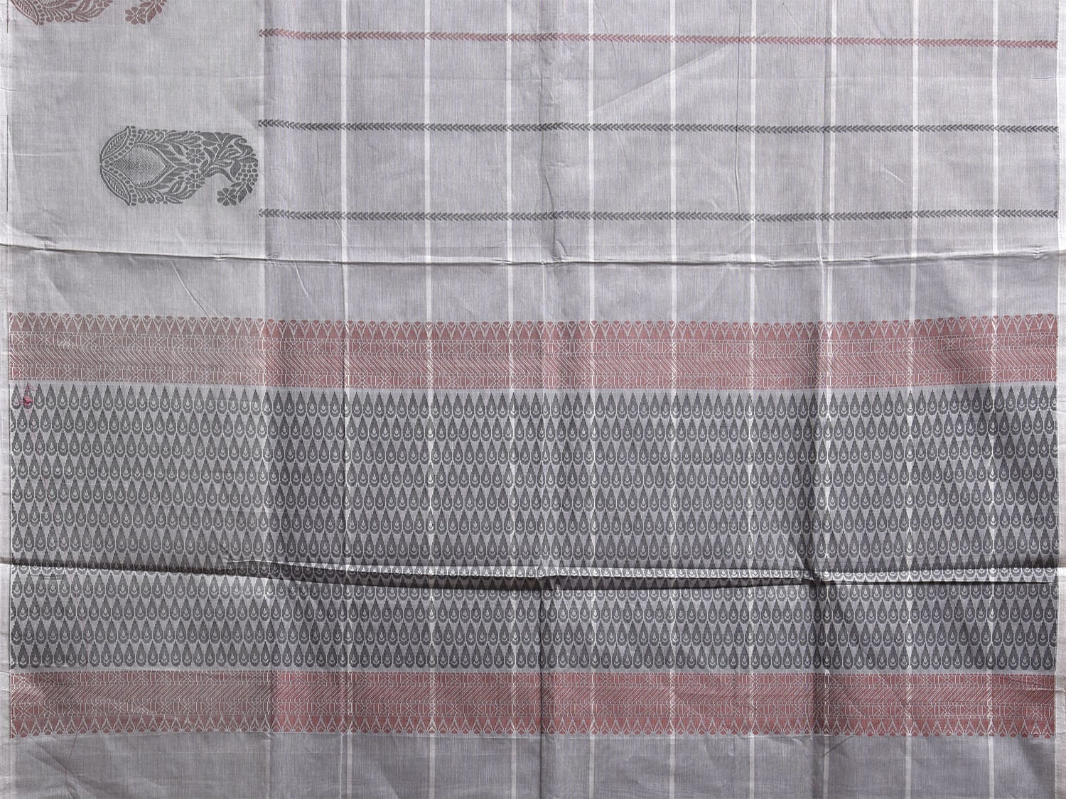 Grey Kanchipuram Cotton Saree with Big Checks and Mango Border Design k0839