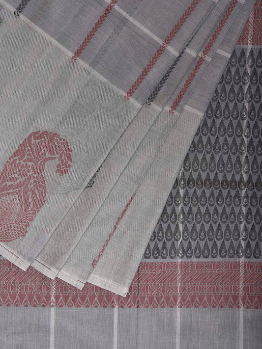 Grey Kanchipuram Cotton Saree with Big Checks and Mango Border Design k0839