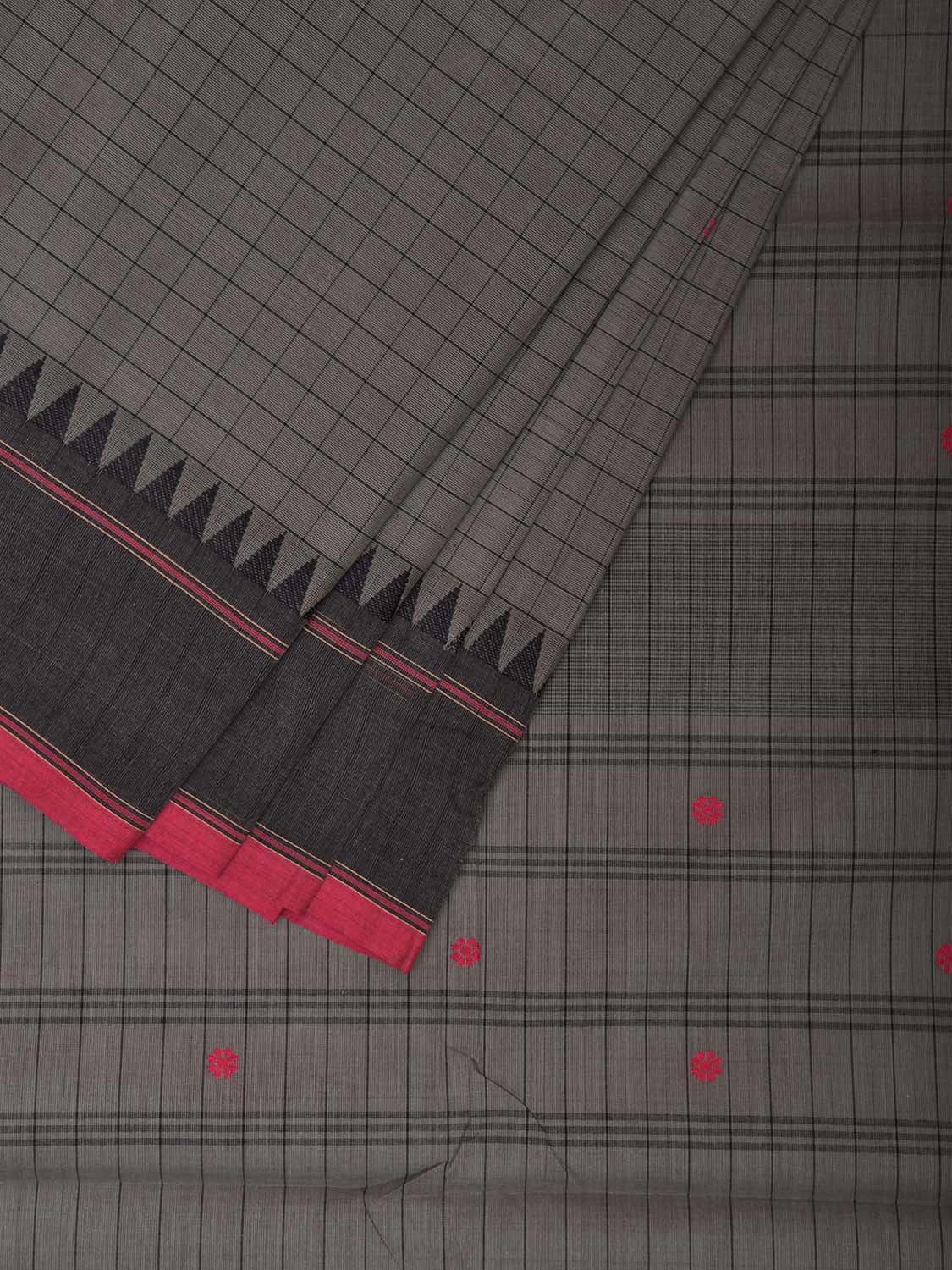 Grey Kanchipuram Cotton Saree with Checks and Strips Pallu Design k0767
