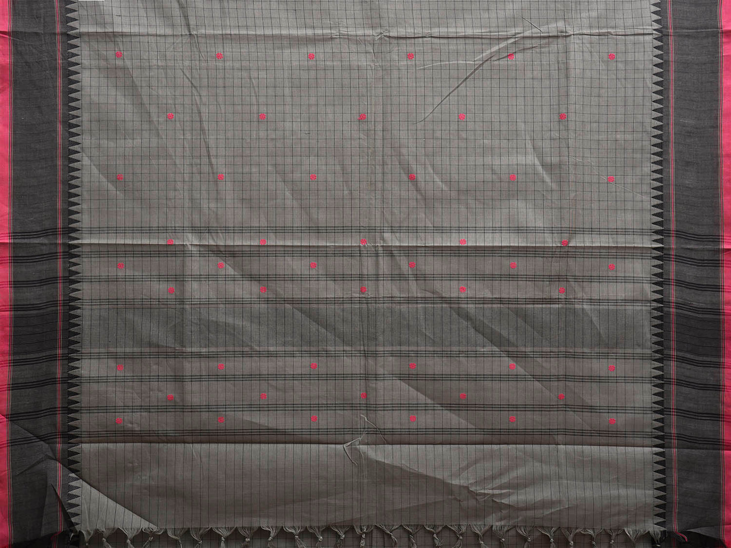 Grey Kanchipuram Cotton Saree with Checks and Strips Pallu Design k0767