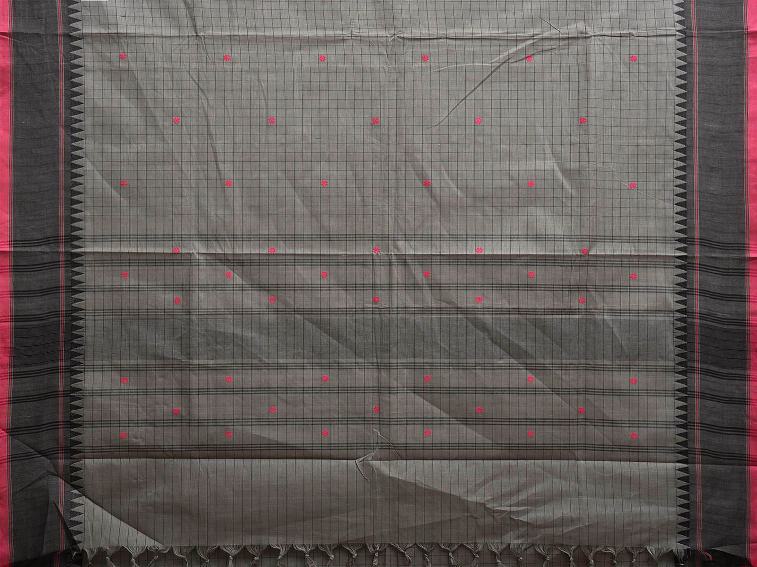 Grey Kanchipuram Cotton Saree with Checks and Strips Pallu Design k0767