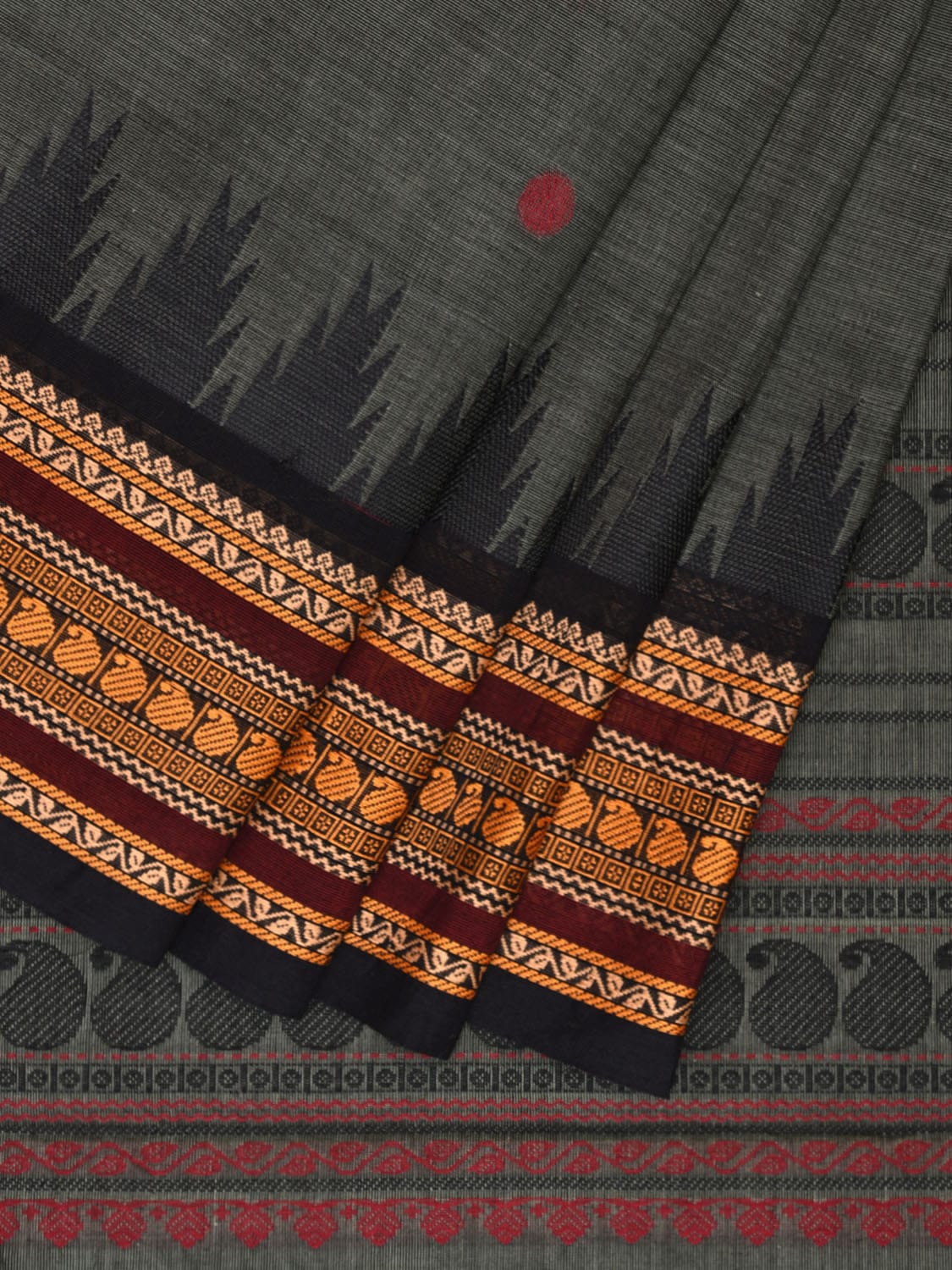Grey Kanchipuram Cotton Saree with Pasley Pallu and Temple Border Design k0732