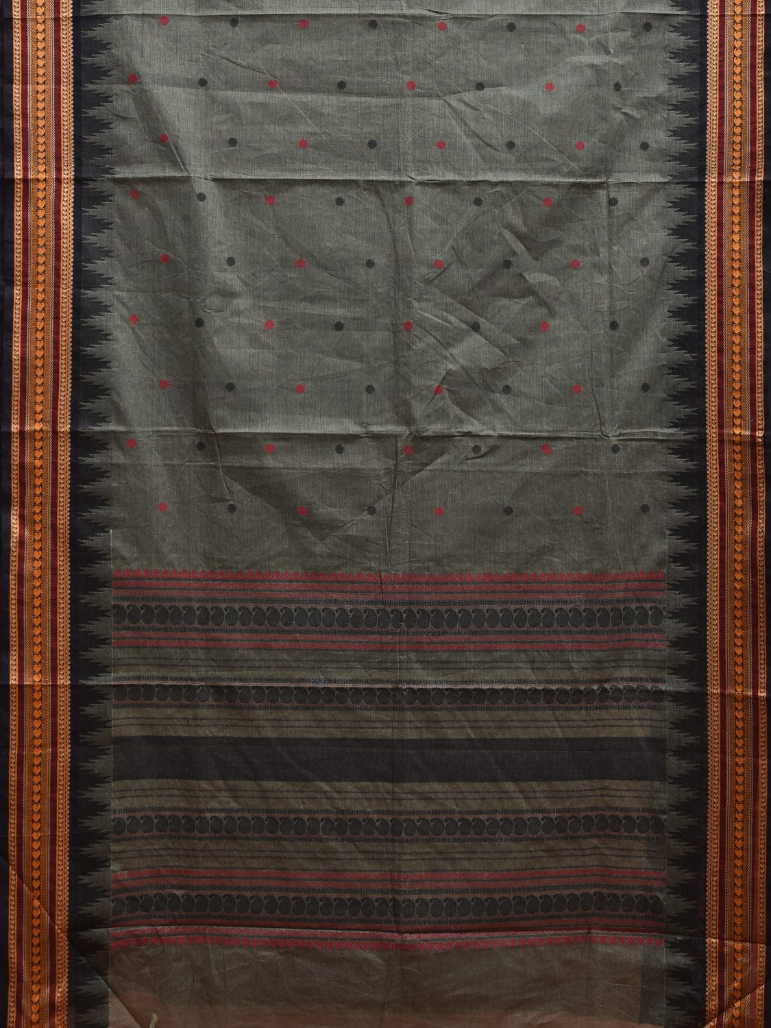 Grey Kanchipuram Cotton Saree with Pasley Pallu and Temple Border Design k0732