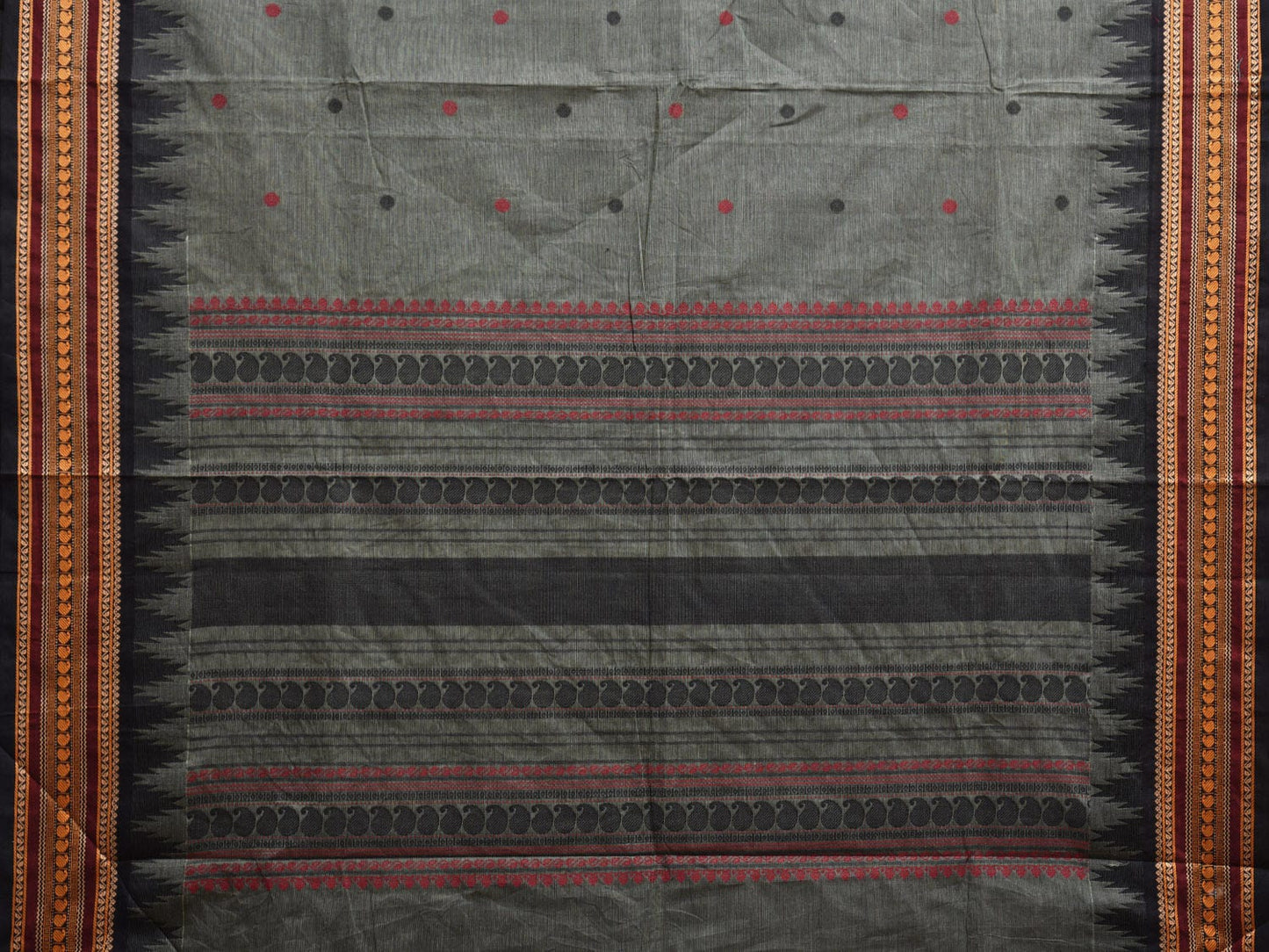 Grey Kanchipuram Cotton Saree with Pasley Pallu and Temple Border Design k0732