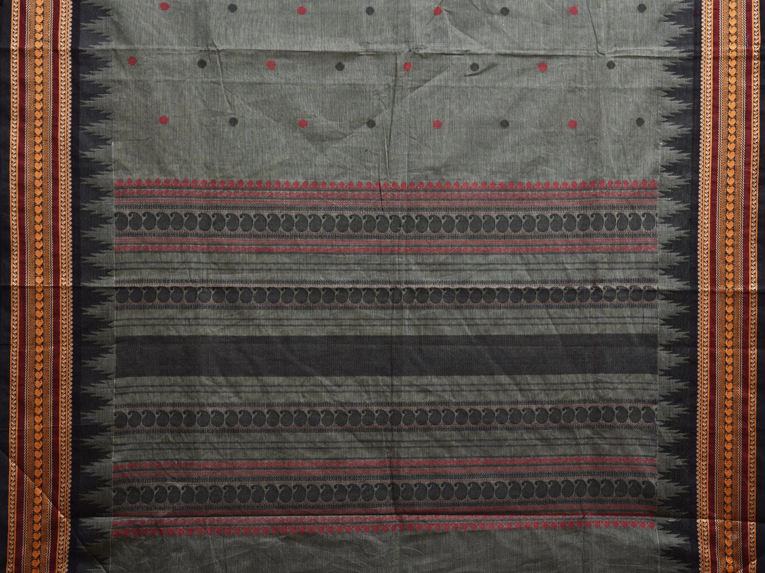 Grey Kanchipuram Cotton Saree with Pasley Pallu and Temple Border Design k0732