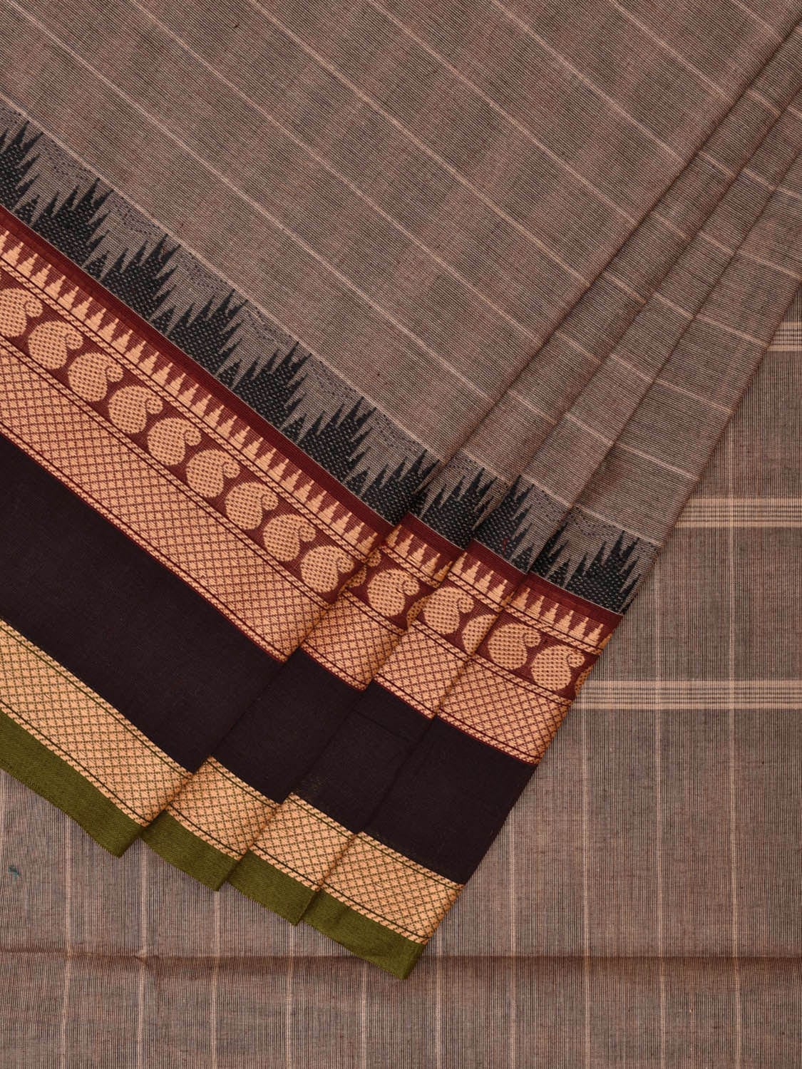 Grey Kanchipuram Cotton Saree with Strips and Temple Border Design k0724