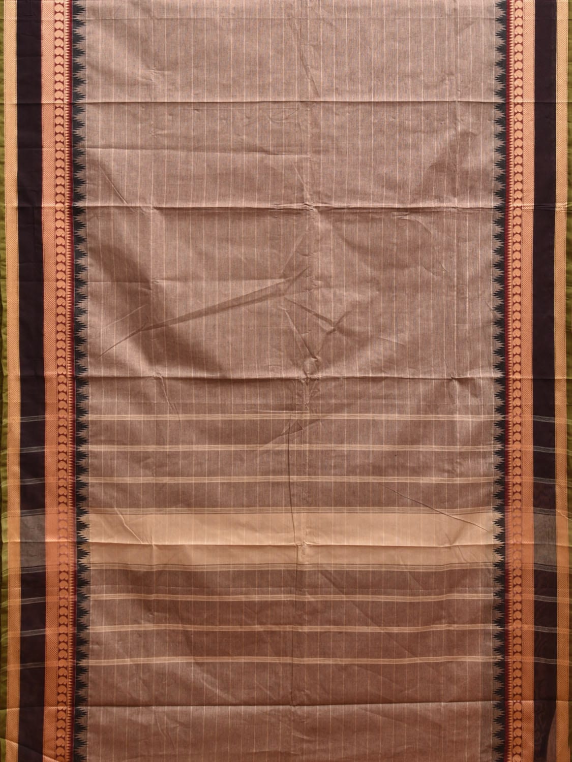 Grey Kanchipuram Cotton Saree with Strips and Temple Border Design k0724