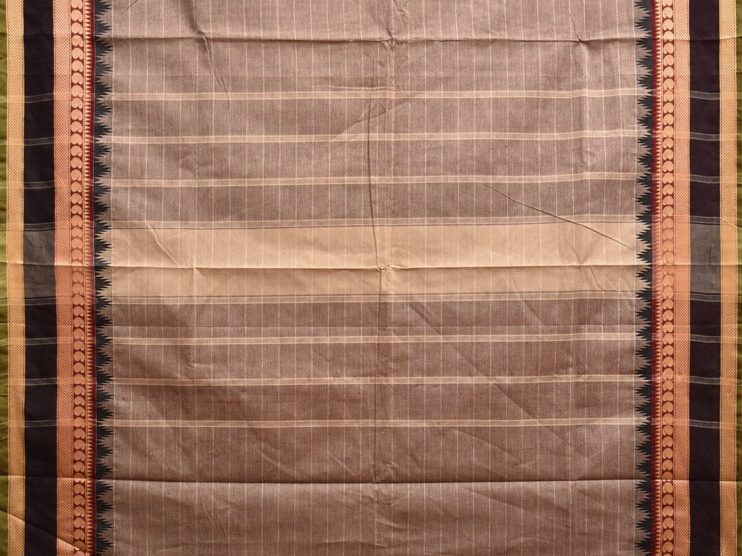 Grey Kanchipuram Cotton Saree with Strips and Temple Border Design k0724