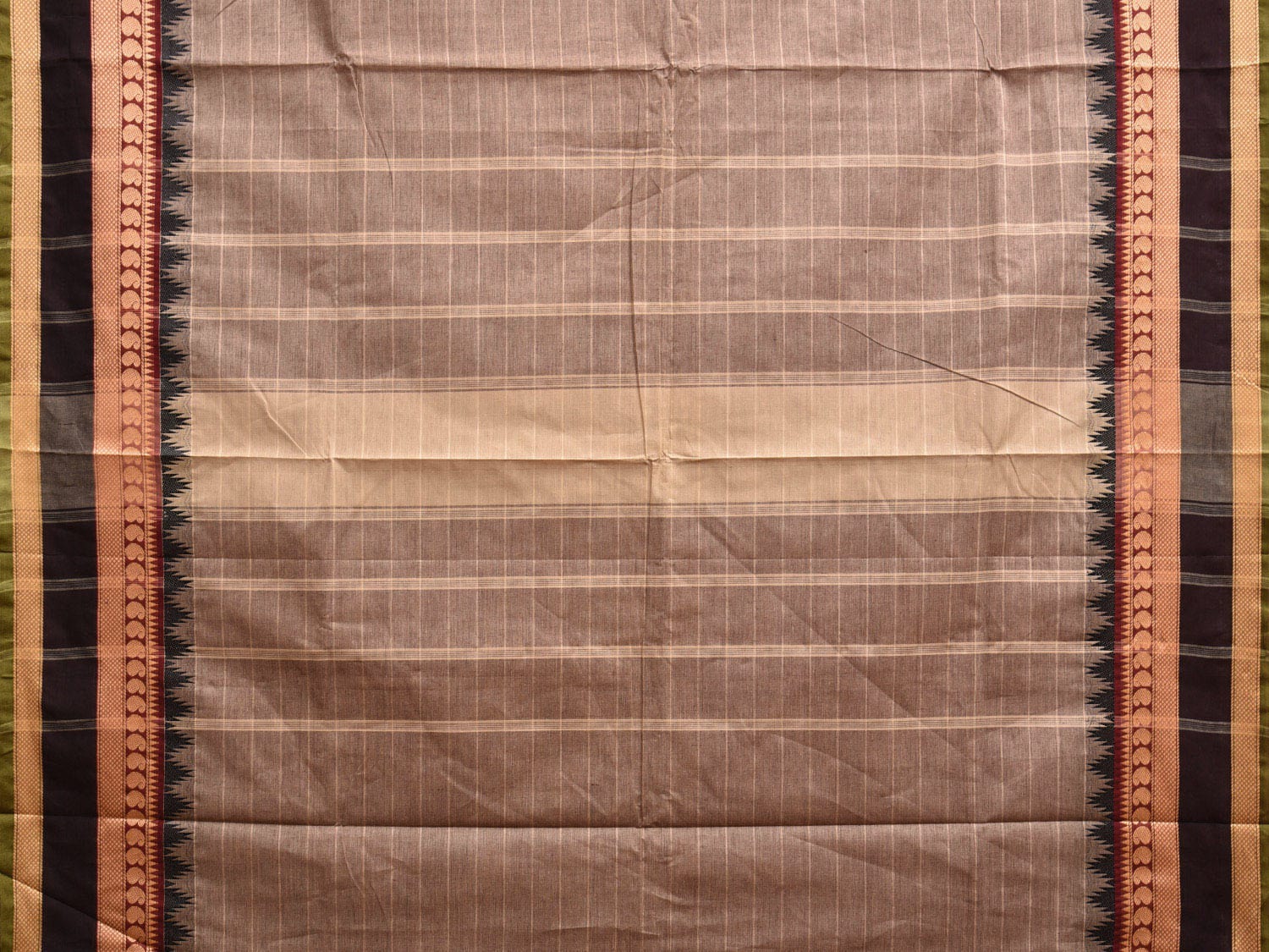 Grey Kanchipuram Cotton Saree with Strips and Temple Border Design k0724