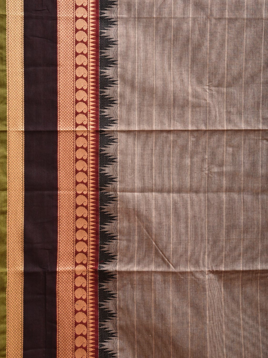 Grey Kanchipuram Cotton Saree with Strips and Temple Border Design k0724