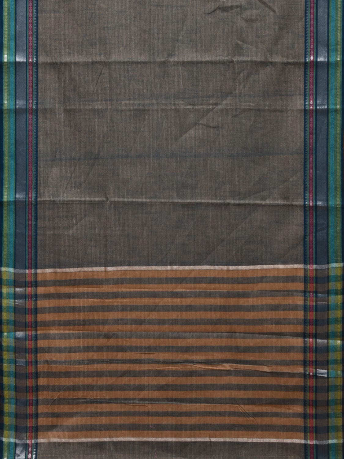 Grey Kanchipuram Cotton Saree with Strips Pallu and Border Design k0533