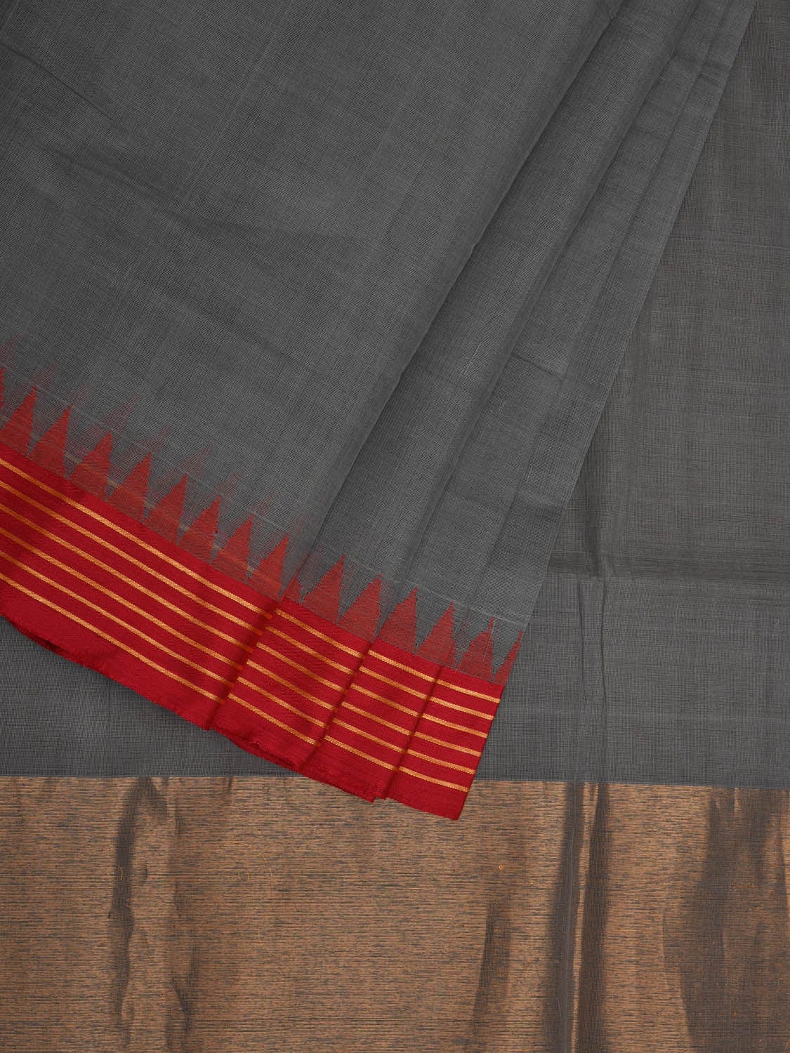Grey Khadi Cotton Handloom Plain Saree with Temple Border Design kh0592